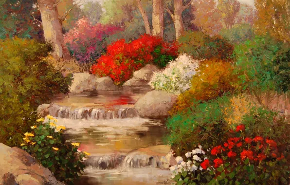 Water, trees, flowers, nature, roses, painting, brook