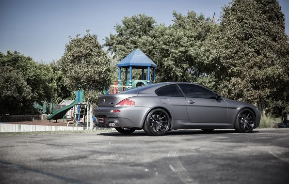Picture the sky, trees, bmw, BMW, rear view, e63, matte grey, children's Playground
