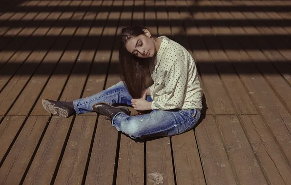 Girl, face, hair, Board, sitting