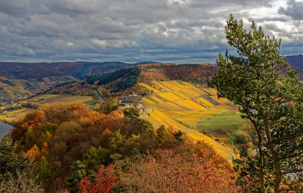 Autumn, clouds, trees, mountains, field, home, Germany, panorama