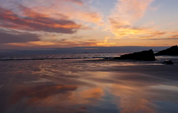 Sand, sea, beach, clouds, sunset, stones