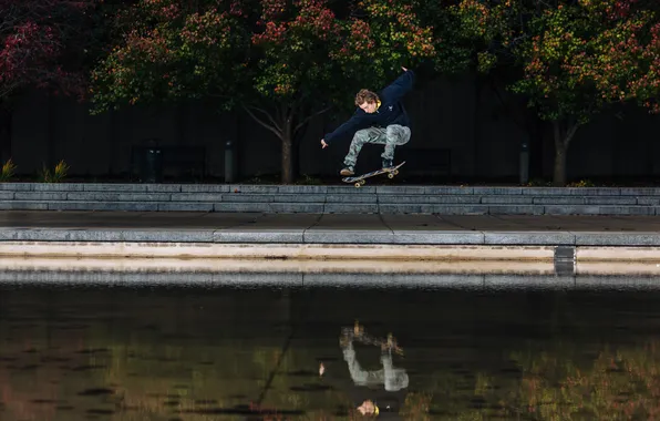 Water, trees, bench, Park, reflection, garbage, jump, mirror