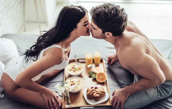 Love, kiss, couple, breakfast