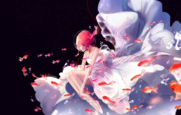 Picture under water, by lluluchwan, girl, wedding dress, fish