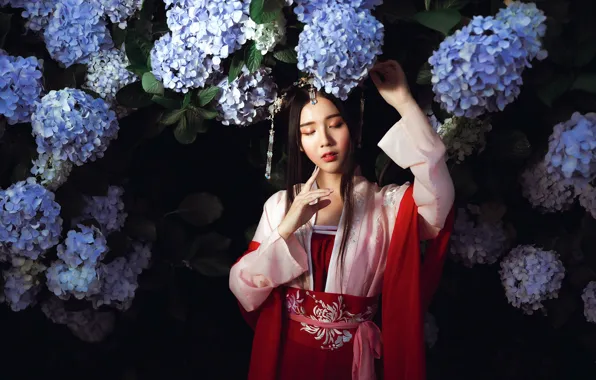 Picture girl, flowers, face, pose, the dark background, red, portrait, hands