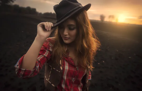 Girl, sunset, portrait, hat, shirt