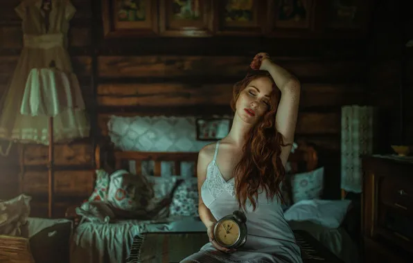 Girl, pose, mood, alarm clock, freckles, red, redhead, combination