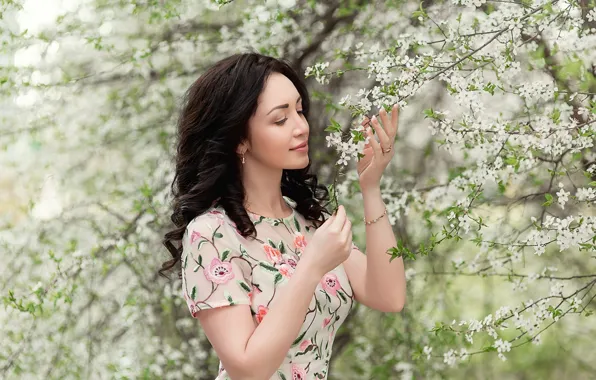 Wallpaper sexy, flowers, tree, brunette, pose, A Diakov George for ...