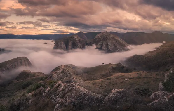 Clouds, mountains, fog, stones, overcast, hills, the slopes, haze