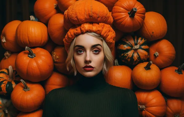 Look, girl, face, pose, hat, hat, harvest, pumpkin