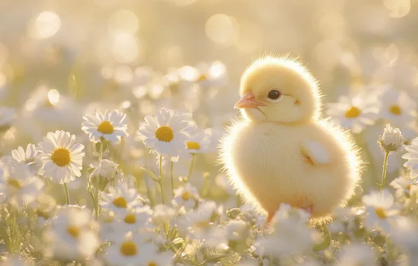 Light, flowers, bird, glade, chamomile, spring, meadow, white