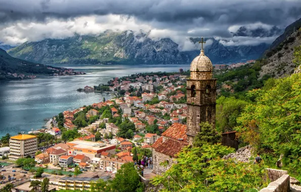 Clouds, mountains, building, tower, home, Church, panorama, Bay