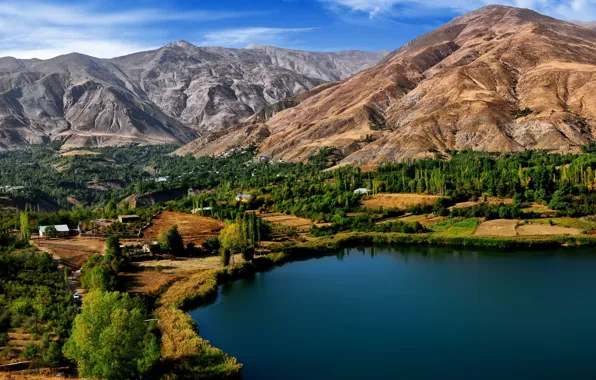 Trees, mountains, lake, Iran, Iran, Ovan Lake