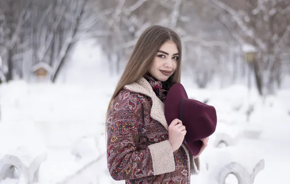 Picture winter, girl, portrait, hat, red hat, winter portrait, female portrait, girl in a red hat