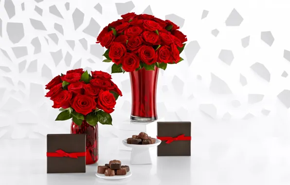 Flowers, roses, candy, gifts, red, box, vases, chocolate