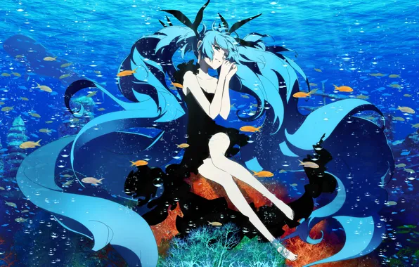 Picture girl, fish, art, vocaloid, hatsune miku, under water, deep-sea girl, Naruto