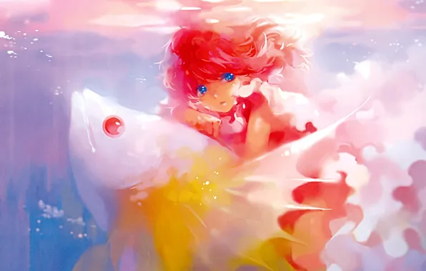 Picture girl, bubbles, fish, anime, art, under water, last summer, lee, kyunghee