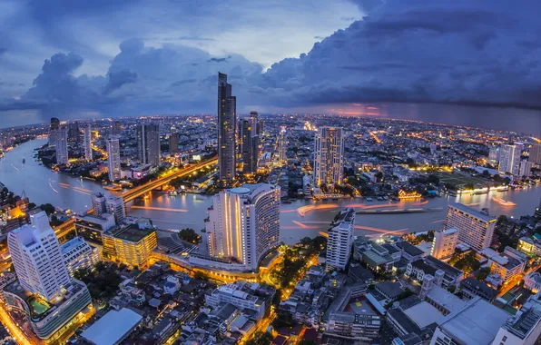 Bridge, river, home, Thailand, Bangkok, lights., panorama