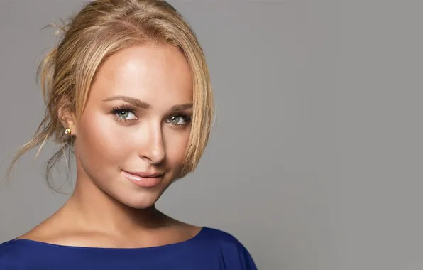 Look, smile, actress, Hayden Panettiere, blonde, grey background, Hayden Panettiere, green-eyed