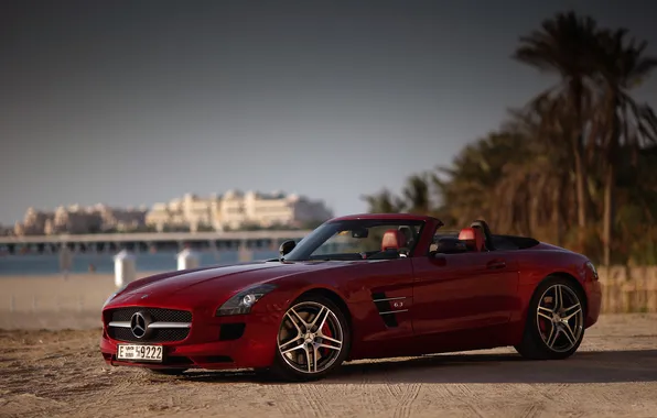 Beach, red, palm trees, Mercedes, Dubai, Mercedes SLS