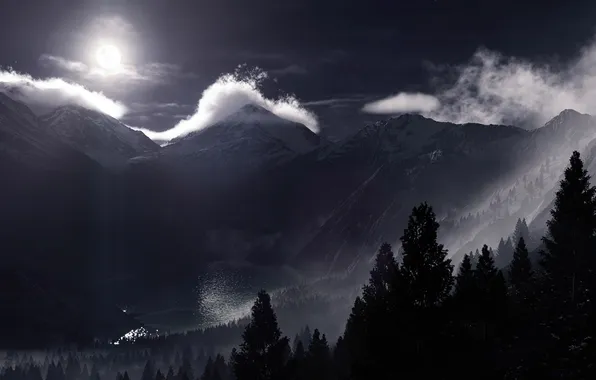 Forest, mountains, night, lake, the moon