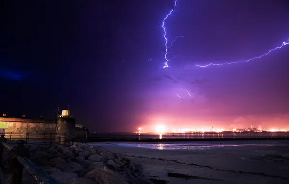 Sea, the storm, light, the city, lights, lightning, the evening