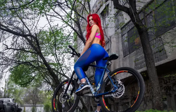 Girl, trees, bike, pose, home, figure, hairstyle, yard