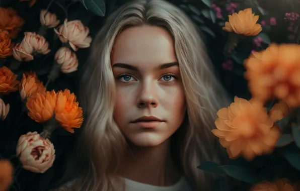 Look, girl, flowers, face, rendering, graphics, portrait, garden