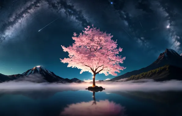 Picture evening, digital art, masterpiece, mountain range, 4k wallpaper, desktop wallpaper, cherry blossom tree