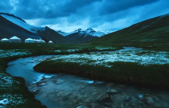 Snow, landscape, mountains, nature, spring, the evening, canyon, gorge