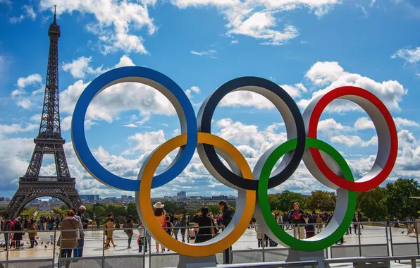 France, Paris, Eiffel tower, Olympic symbols