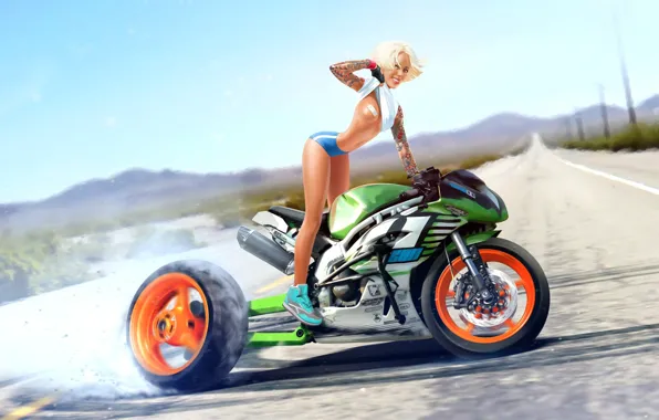 Girl, Chest, Road, Figure, Blonde, Girl, Motorcycle, Moto