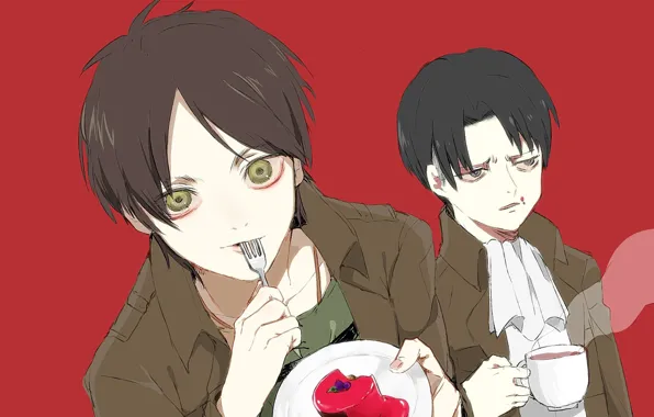 Emotions, Cup, cake, plug, guys, two, red background, fan art