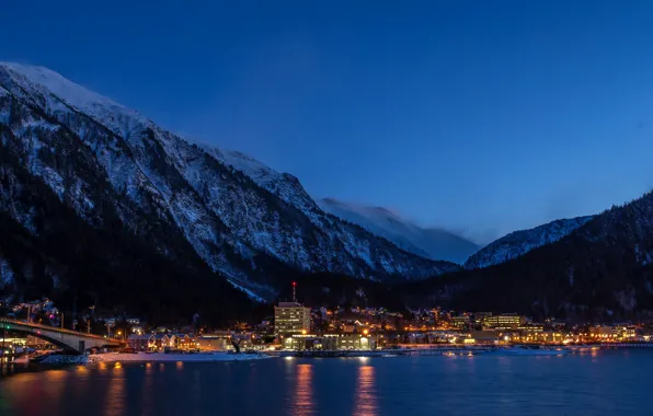 Winter, forest, snow, landscape, mountains, night, bridge, nature