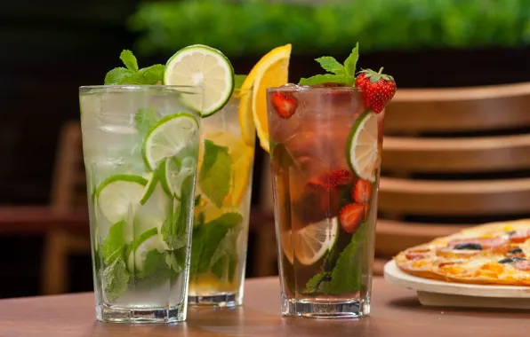 Table, lime, glasses, drinks, lemons, cocktails, slices, lemonade