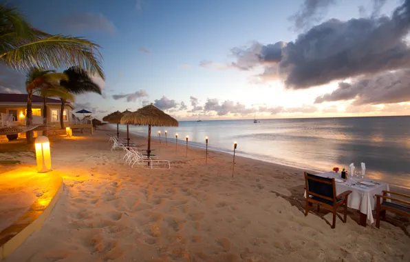 Picture beach, the ocean, romance, the evening, torch, dinner