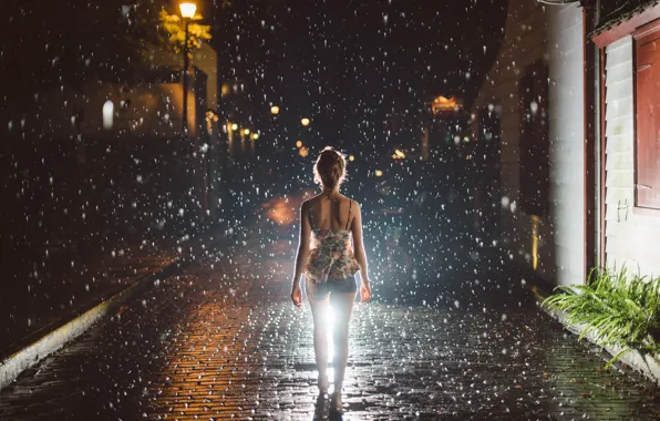 Girl, night, the city, rain.gait, Walking in the Rain