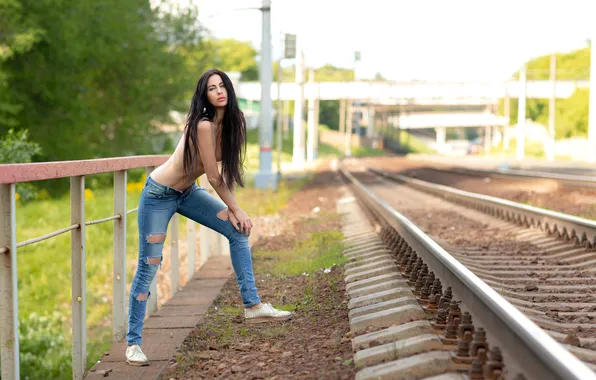 Chest, look, sexy, model, rails, jeans, hands, makeup