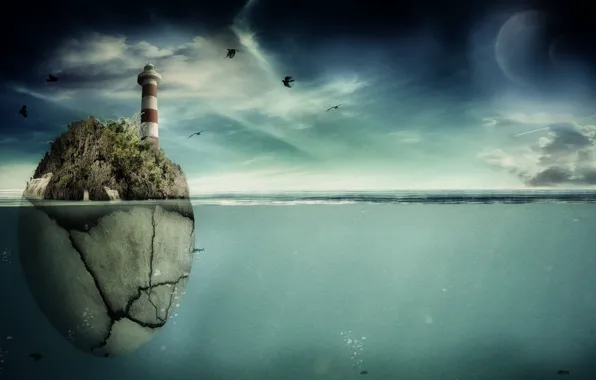 Sea, fish, birds, rock, planet, lighthouse, art, pranjal22