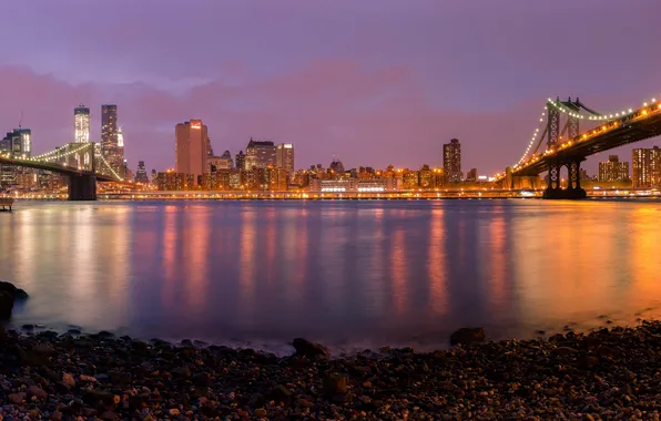 Night, lights, panorama, bridges, Brooklyn