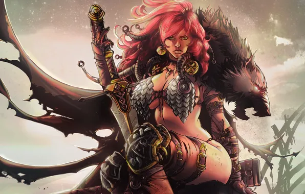 Woman, sword, warrior, skin, red, barbarian, Red Sonja, Queen of Steel