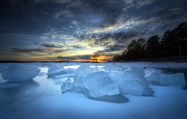Picture landscape, sunset, lake, ice