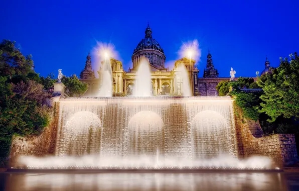 Backlight, fountain, Spain, Palace, Barcelona