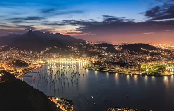 The sky, clouds, sunset, the city, lights, view, Bay, the evening