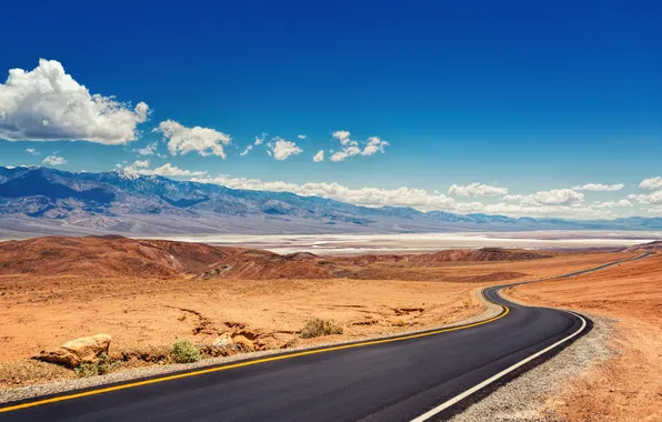 Road, sand, the sky, freedom, clouds, landscape, mountains, nature