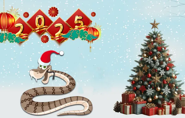 Snake, Christmas background, Christmas tree with toys and gifts, The inscription 2025