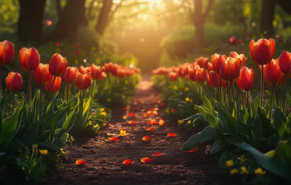 Leaves, the sun, rays, light, trees, flowers, branches, Park