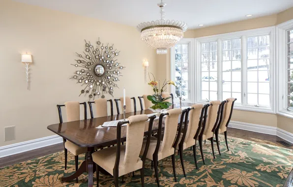 Table, chairs, interior, mirror, window, chandelier, vase, dining room