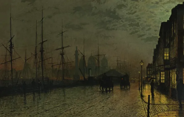 Home, ships, picture, promenade, John Atkinson Grimshaw, John Atkinson Grimshaw, Prince's Dock. Hull