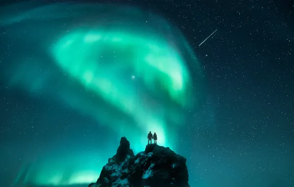 The sky, night, rock, woman, Northern lights, pair, male, starry sky